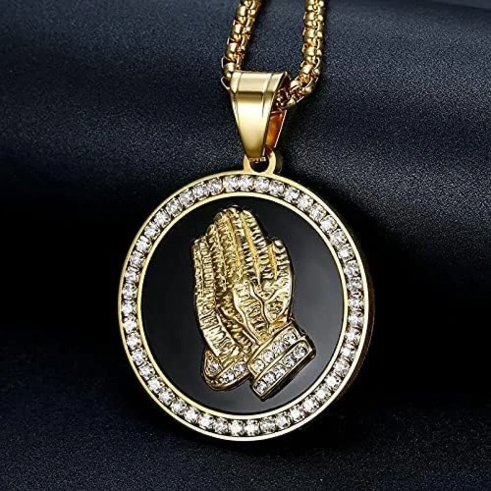 Hip Hop Iced Out Praying Hand Pendant With Mens Chain Gold Color Stainless Steel - Picture 2 of 4